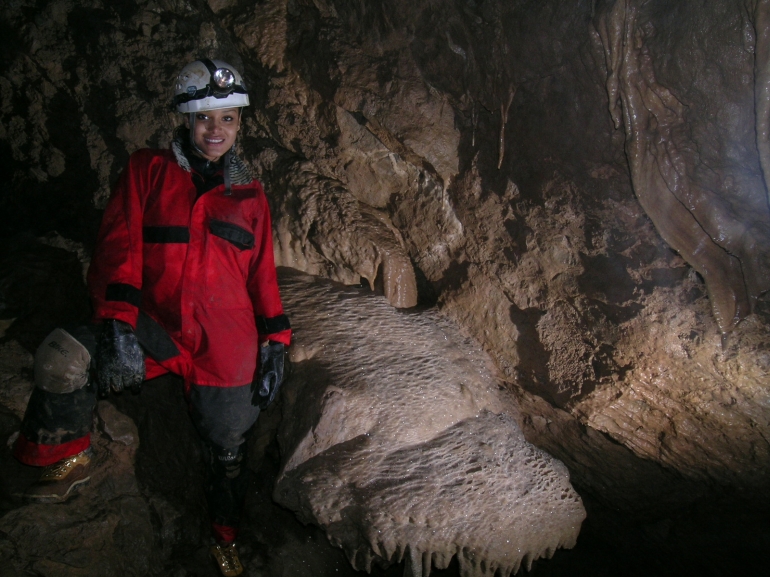 Frances and more rimstone in the New Discovery, Surprise Cave