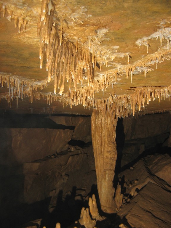 A lot of small stalactites, one really large stalactite and a few small stalagmites.